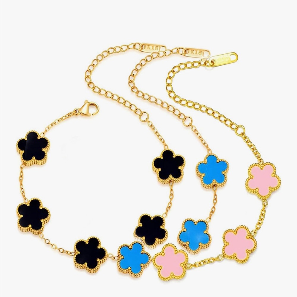 18K Gold Dainty Four Leaf Clover Charm Bracelet Van Cleef Style Set Alhambra 3PC